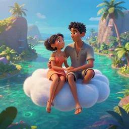 a beautiful couple sitting on a cloud in the sky above emerald lagoon of Sint-Marteen, mattepainting concept Blizzard pixar maya engine on stylized background  global illumination lighting artstation in the style of The Road to El Dorado