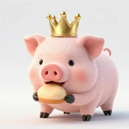 realistic photo of a cute plush pig wearing a gold crown eating a pizza at a table with a bib on, high quality, cinematic concept art