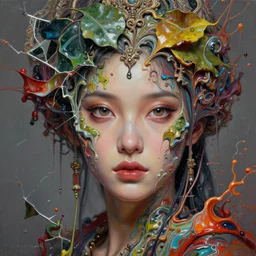 face closeup of beautiful girl in intricate detailed color smashing fluid oilpaint, 3 d render, hyper realistic detailed portrait, color leaves, melting wax, ornate headpiece, broken mirror, fluid acrilic, thin fractal tendrils, ruan jia, wlop. scifi, fantasy, hyper detailed, octane render, concept art, by peter mohrbacher, by boris vallejo, by