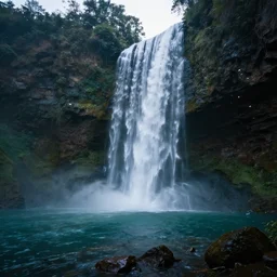 A huge waterfall in a secret lake in a cave, mystical, atmospheric