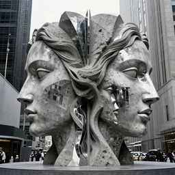 by francis bacon, vivian maier, mystical photography evocative. an intricate fractal concrete and chrome carved sculpture of the secret faces of god, standing in a city center.