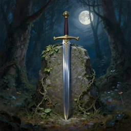 an ancient sword in a stone, vines, magical forest, hyperrealistic, highly detailed, cinematic, single ray of moon, beautiful, cgssociety, artstation, 8 k, oil painting