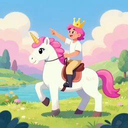 felix kjellberg riding a unicorn, pointing, wearing a crown, paradise landscape, vivid colors, pastelle, digital art, trending on artstation