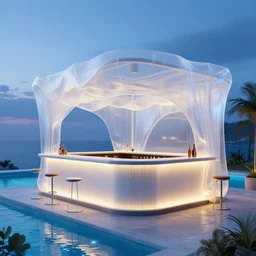 a bar made with translucid fabric, swimming pool in front, parametric, blue hour, hyperrealistic, elevation, vray, unreal engine, architecture, luxigon