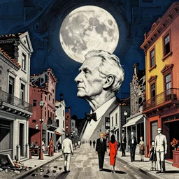 old white - headed man under the huge moon on a street of ruined city by beksinski and takato yamamoto and austin osman spare and edward hopper and mark ryden and tsutomu nihei, very coherent, baroque elements, perfect anatomy, intricate design. pop art.