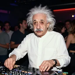 color photograph of Albert Einstein DJ at a nightclub