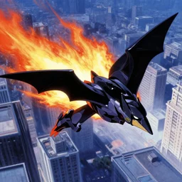 the batwing, jetfire ( g 1 ), in the shape of a macross valkyrie, flying above a the city, in a still of blade runner ( 1 9 8 2 ) by shoji kawamori