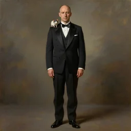 photo realistic picture of fantasy butler that looks similar to michael kane, handsome, 4 k, oil painting filter, balding, well dressed, full body portrait, pet rat on shoulder
