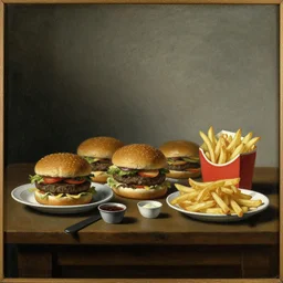 Dutch still life from the 1600s, old oil painting: Large amount of fast food on a table, hamburger, french fries