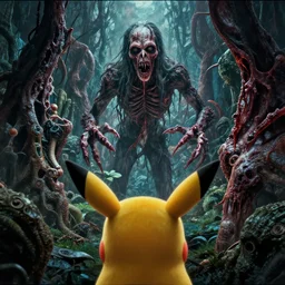 movie frame still from live action adaptation of pokemon versus zombies pov, directed by steven spielberg, 8 k, vhs glitch, ultra wide angle, high contrast, zenith view, greg rutkowski, intrincate, highly detailed, ilm, oscar winning photography, grain, dramatic lighting, greg nicotero, horrifying movie, nightmare fuel, horror movie