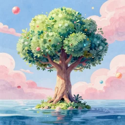 beautiful digital matter cinematic painting of fantasy tree and candy cloud sky watercolor ocean with swirling colors vaporwave greg rutkowki artstation