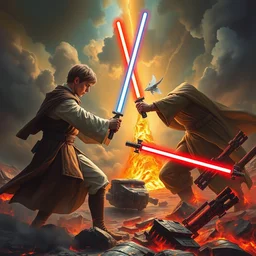 a beautiful painting of anakin skywalker fighting obi - wan kenobi except anakin has the high ground. 4 k, epic, ultra realistic, colourful, lava, dark clouds, dramatic,
