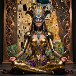 full body photo of a meditating beautiful female steampunk half cyborg with a jewelcovered venician carneval mask, artwork by james jean, hyperdetailed realistic gold and purple metallic, the eyes glow blue, jean delville, art nouveau, gustav klimt, ornate copper patina gothic icon, james jean, ultrasharp hyperdetailed photorealistic octane render