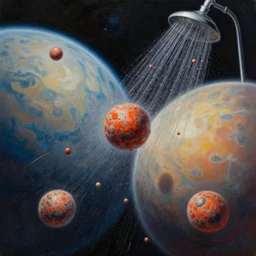 a shower asteroids hitting a planet, from outer space, detailed oil painting