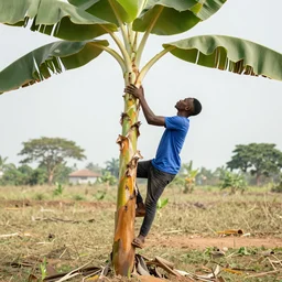 nigerian young man climbing a big banana tree shot taking from the ground