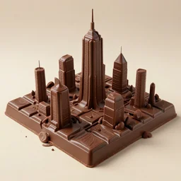 a sci fi cityscape made of chocolate