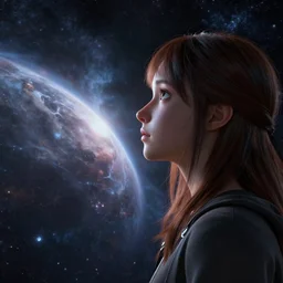 noisy color photograph of girl looks at the space, hyper detailed, 8 k realistic, unreal render, mega detailed, epic, volumetric light, hyperrealistic