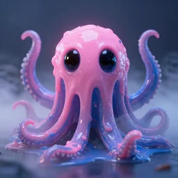 pink and blue ooze monster with black eyes and reflective liquid, tentacles, imaginary concept villian. beautiful lighting, misty cloudy atmosphere