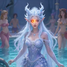 beautiful ancient pastel frost witch, fire in eye, snow glow, pool party, highly detailed, digital painting, artstation, sharp focus, illustration, art by tan zi and ayanamikodon and alphonse mucha and wlop!!