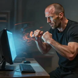 jason statham fighting a computer, half body shot, path traced, fight scene, highly detailed, high quality, digital painting