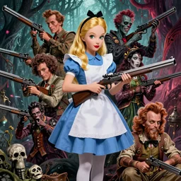 Alice in Wonderland,guns,highly detailed,cinematic,8k,by Stanley Artgermm,Tom Bagshaw,Greg Rutkowski,Carne Griffiths, Ayami Kojima, Beksinski, Giger,trending on DeviantArt,hyper detailed,horror, full of colour