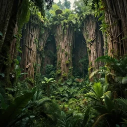 tropical jungle, wall wood fortress, borderland style, Hyperrealistic CGI, Photorealistic, plants environment, wide angle, establishing shot, cinematic lighting, atmospheric, realistic, octane render, highly detailed, color graded, matte painting in the style of craig mullins