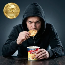 photo of a hacker eating spam, studio photo, hdr, award winning photo