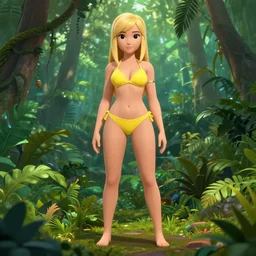 tracer game character, in yellow bikini, blonde hair, black eyes, hands free, against the background of the jungle full height