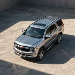 An photo of an SUV based on a fusion of a Cadillac Escalade and Chevrolet Tahoe, overhead angle