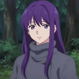illustration by shigenori soejima, by tatsuki fujimoto, by yoji shinakawa, gir, long straight purple hair, grey turtleneck coat, forest background, focus on face, pretty, moody lighting, painterly