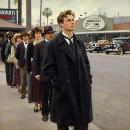 attractive man waiting in line to audition for a hollywood movie, paramount movie lot 1 9 2 8 melancholy, nostalgia, painting by gaston bussiere, craig mullins, j. c. leyendecker