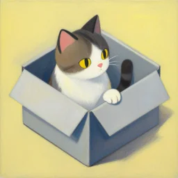 isometric of a cat inside a box by shusei nagaoka kaws, david rudnick, airbrush on canvas, pastell colors, cell shaded