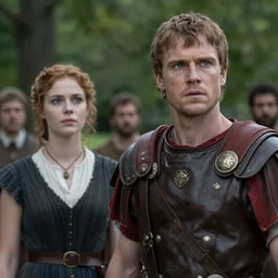 sharp, highly detailed, film from a 2 0 1 9 sci fi 8 k movie, time travelers suddenly appear in a park in 2 0 1 9, a man from the roman empire and a woman from 1 8 5 0, each wearing correct era clothes, atmospheric lighting, in focus, reflective eyes, 3 5 mm macro lens, live action, nice composition