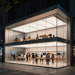 marketing photo of an Apple store designed by Saha Hadid, atmospheric, uplight, cinematic,