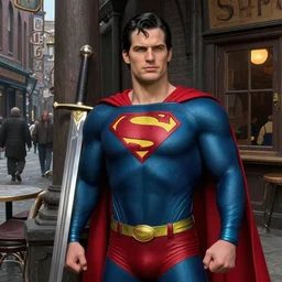 a detailed matte portrait of an jensen ackles in dressed as superman, detailed face, very large longsword leaning against the side of a tavern, city streets, masterpiece, 8 k, art by donato giancola and greg rutkowski and wayne barlow and zdzisław beksinski