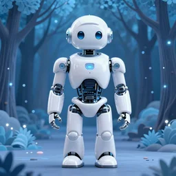 a glossy white futuristic robot stands in the middle of a forest of softly glowing blue trees at night. snowing. snowy. icy. the sky above has many stars. cyril roland. naomi okubo. rossdraws. trending on artstation. digital painting.