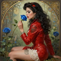 red jacket tattooed pinup latin girl sits on a garden smelling a blue rose, deep focus, turnaround, fantasy, intricate, elegant, highly detailed, digital painting, artstation, concept art, matte, sharp focus, illustration, hearthstone, art by artgerm and greg rutkowski and alphonse mucha.