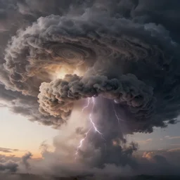 a beautiful render of a massive thundercloud seen from jupiter, steam, fog, lightning, dark, volumetric lighting, intricate swirling patterns, asperitas, sunset, very detailed, hyperrealistic, unreal engine 5, raytracing