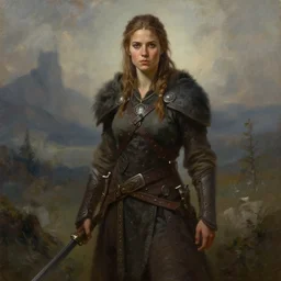 a full body high detail fantasy portrait oil painting illustration of a beautiful young rugged stoic barbarian woman by justin sweet with face and body clearly visible, in a scenic background, pupils visible, realistic proportions, d & d, rpg, forgotten realms, artstation trending, high quality, sombre mood, artstation trending, muted colours, entire person visible!