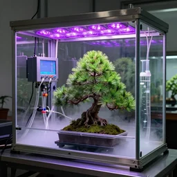 a plant incubator made of glass, stainless steel, precision instruments and screens. there is a pine bonsai in it. there are many transparent hoses filled with water and mist in the glass fiber reinforced plastic. there are a row of purple lamps above the pine