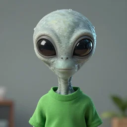 big eyed gray alien, wearing green shirt