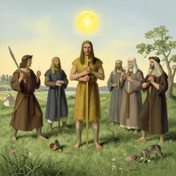 A vintage scientific illustration from the 1970s of a Swedish cult performing a human sacrifice to the gods during the midsummer festival in Sweden in the summer on the meadows by René Magritte