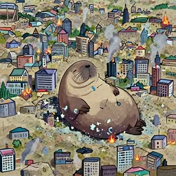 a wholesome cottagecore illistration of a cute walrus relaxing peacefully on the beach as smoke from a burning city rises in the background, studio Ghibli, Pixar and Disney animation, sharp, Rendered in Redshift and Unreal Engine 5 by Greg Rutkowski, Bloom, dramatic lighting