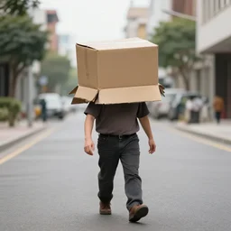 cardboard box head guy walking in an empty street