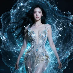 portrait of hoyeon jung in seductive luxurious celestial dress emerging from biolomeniscent water, sharp edges. ultra detailed, majestic, intricate, by android james, ruan jia, ilya kuvshinov, martine johanna, jakub rebelka