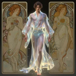 digital concept art by nixeu and fenghua zhong and alphonse mucha, portrait of an androgynous man in a diaphanous kimono, cinematic lighting, intricate, elegant, hyper detailed, character concept, full body, dynamic pose, glowing dust, highly detailed, digital painting, artstation, smooth, sharp focus, illustration.