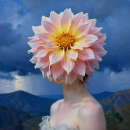 giant dahlia flower crown under head, bust girl on mountain, surreal photography, blue storm clouds, dramatic light, impressionist painting, digital painting, artstation, simon stalenhag