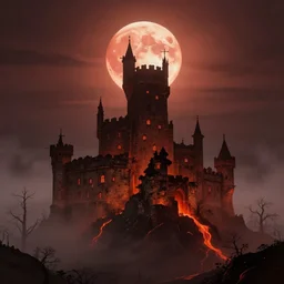 an old castle rising up from the mist at night silhouetted by a single huge bloodmoon, anders zorn, stephen hickman, thomas kincade, brutalist, James Paick, Julian Falat, ultra realistic, trending on artstation, lava, dungeons and dragons, warm saturated colors, spooky, haunted