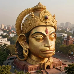 high quality 3 d hyperrealist biomorphic hanuman! head building in mumbai!! centre, highly detailed, cinematic smooth, berenice abbott & john j. park, dramatic warm morning light, wide shot, high angle, uhd 8 k, sharp focus