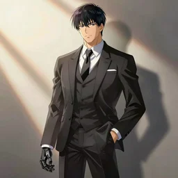 anime style cyborg dressed with elegant suit, manly pose